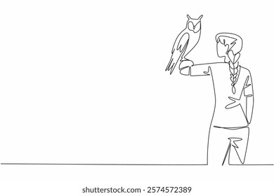 Continuous one line drawing long eared owl perched on hand of woman. Animals that really like shrubs. Has long ears. Stable population. Woman Holding Bird. Single line draw design vector illustration