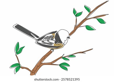 Continuous one line drawing long tailed tit perched on a tree branch. The smallest and cutest bird in Europe. The songbird. International Dawn Chorus Day. Single line draw design vector illustration