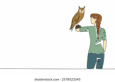 Continuous one line drawing long eared owl perched on hand of woman. Animals that really like shrubs. Has long ears. Stable population. Woman Holding Bird. Single line draw design vector illustration