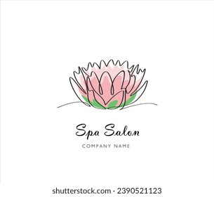 Continuous one line drawing of Lotus flower isolated on white background. Spa salon concept. Beauty or spa salon logo and divider concept in simple linear style.