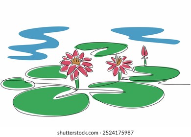 Continuous one line drawing lotus leaves and flowers in wetlands. Provide a natural filter for sediment and runoff. Environmental. World Wetlands Day. Single line draw design vector illustration