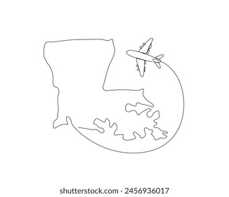 Continuous one line drawing of Louisiana map with airplane. Louisiana - America map combined with airplane simple outline vector illustration. Editable stroke.