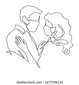Continuo dibujo de una línea de amor en tiempos de cuarentena. Pareja abrazos en máscaras médicas protectoras ilustración vectorial. Pareja de concepto de contaminación del aire con mascarilla protectora contra imágenes prediseñadas de humo