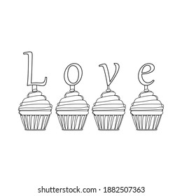 Continuous one line drawing  love cupcake. Vector illustration perfect for greeting cards, party invitations, posters, stickers, clothing. Love sketch. Birthday or Valentines day concept