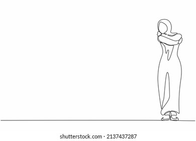 Continuous one line drawing love yourself. Arab woman hugging oneself, happy, positive, smiling. Beautiful woman hugging oneself happy. Self love and self care. Single line draw design vector graphic