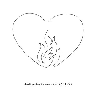 Continuous one line drawing of love and fire. Fire flame inside love shape single line art vector illustration. Editable stroke.