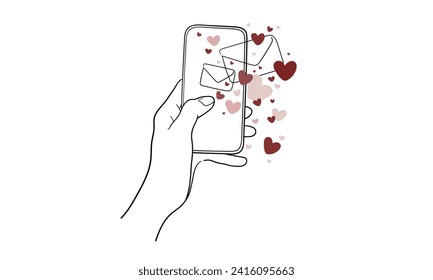Continuous one line drawing of love messages in red hearts. February 14 minimalist line art set of red hearts isolated on white background. Happy Valentine's Day. Vector illustration