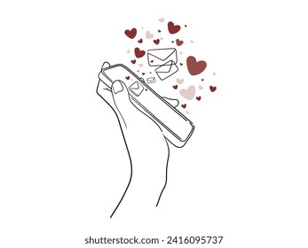 Continuous one line drawing of love messages in red hearts. February 14 minimalist line art set of red hearts isolated on white background. Happy Valentine's Day. Vector illustration