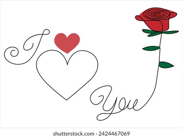 Kontinuierliche eine Linie Zeichnung von i love you Text mit Liebe Form Vektor-Kunst Illustration
