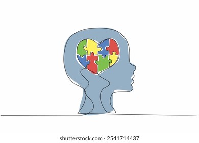 Uma linha contínua desenhando uma forma de amor na silhueta da cabeça da criança. Infortúnio. Obtendo mais atenção e carinho. Dia Mundial da Consciência do Autismo. Ilustração de vetor de design de desenho de linha única