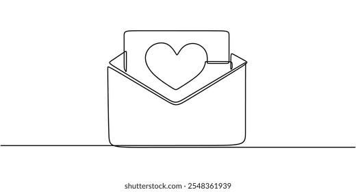 Continuous one line drawing of a love letter with a heart, symbolizing a heartfelt message in relationships.