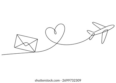 Continuous one line drawing of love letter and airplane illustration
