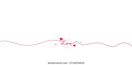 Continuous One Line Drawing of Love Word with Red Hearts on White Background, Minimalist Romantic Typography for Valentine's Day, Wedding Invitation Banner Vector Illustration