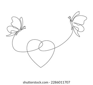 Continuous one line drawing of lovely butterfly couple. Beautiful butterfly flying shapped love line art vector illustration. Editable stroke.