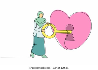 Continuous one line drawing lovely Arabian businesswoman putting big key into heart. Invitation wedding or marriage concept. Woman try to unlock her heart. Single line draw design vector illustration