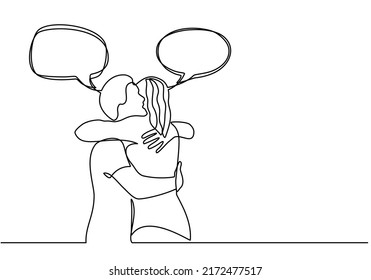 Continuous one line drawing of a lover embracing. Man and woman hugging each other with speech bubbles. Happy Friends or Family meet with hugs and chat chat with speech bubbles in doodle style.