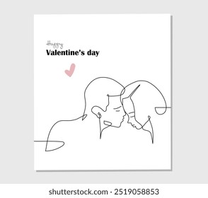 Continuous one line drawing of a lover and heart. Man and woman in love in oneline art style for Valentines Day card