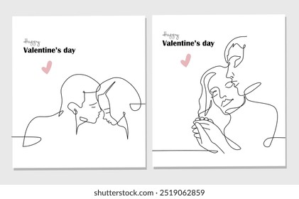 Continuous one line drawing of a lover and heart. Man and woman in love in oneline art style for Valentines Day cards