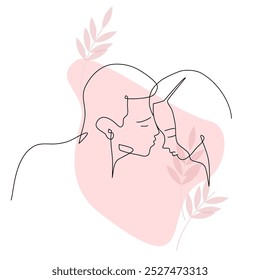 Continuous one line drawing of a lover and heart. Man and woman in love in oneline art style for Valentines Day card on pink background