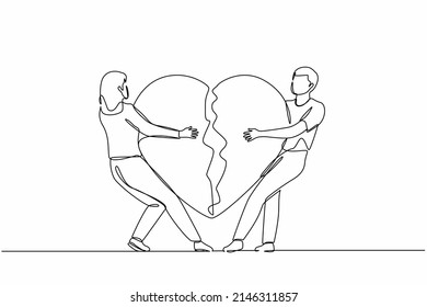 Continuous one line drawing lovers broken heart. Young man, woman pulled apart causing each other feel great sorrow, couple in disagreement at end of relationship. Single line graphic design vector