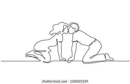 Continuous one line drawing. Loving couple woman and man kissing and standing on their knees. Vector illustration
