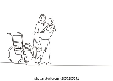 Continuous one line drawing loving Arab son took his old disabled father from wheelchair carrying him in his arms  Happy senior man in hugs his strong child  Single line draw design vector graphic
