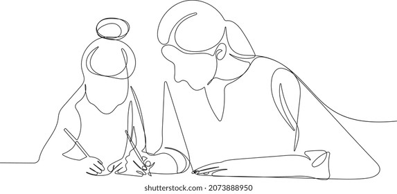 Continuous one line drawing loving young mother   daughter drawing painting in album learn to write in notebooks in writing Vector