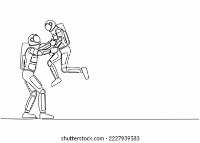 Continuous one line drawing loving astronaut father carrying his little spaceman son on raised hands. Dad and child playing together. Cosmonaut outer space. Single line draw design vector illustration svg