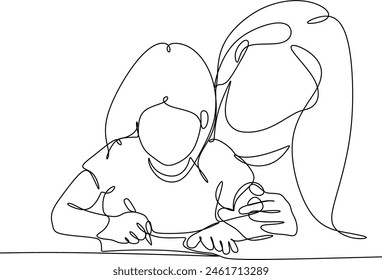 Continuous one line drawing of loving young mother and daughter drawing painting in album or learn to write in notebooks or in writing.Vector
