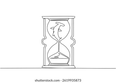Continuous one line drawing lower body of hammerhead shark is sucked by the sand in the hourglass. Excessive fin hunting. National Endangered Species Day. Single line draw design vector illustration