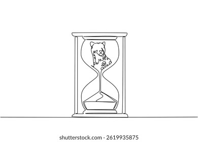 Continuous one line drawing lower body of leopard is sucked by sand in hourglass. Destruction of forests to become bare. National Endangered Species Day. Single line draw design vector illustration