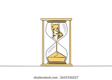 Continuous one line drawing lower body of leopard is sucked by sand in hourglass. Destruction of forests to become bare. National Endangered Species Day. Single line draw design vector illustration