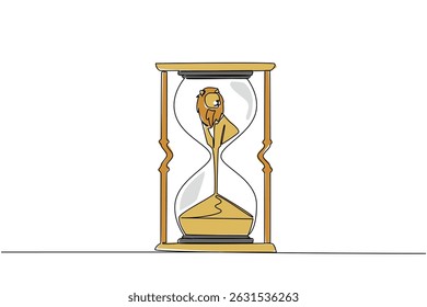 Continuous one line drawing lower body of the lion is sucked by the sand in the hourglass. Significant reduction in prey. National Endangered Species Day. Single line draw design vector illustration