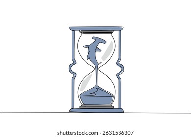 Continuous one line drawing lower body of hammerhead shark is sucked by the sand in the hourglass. Excessive fin hunting. National Endangered Species Day. Single line draw design vector illustration