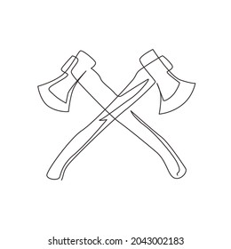 Continuous one line drawing lumberjack axes crossed icon. Crossed axes, crossed firefighter axe, fire service fireman axe, Hatchet in vector format. Single line draw design vector graphic illustration