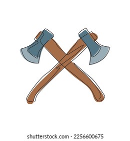 Continuous one line drawing lumberjack axes crossed icon. Crossed axes, crossed firefighter axe, fire service fireman axe, Hatchet in vector format. Single line draw design vector graphic illustration