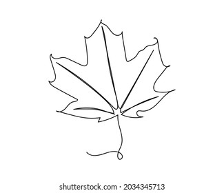 Continuous one line drawing of lush maple leaf icon in silhouette on a white background. Linear stylized.