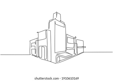 Continuous one line drawing of luxury apartment house in the middle of town. Home building construction hand drawn minimalist concept. Modern single line draw design vector graphic illustration