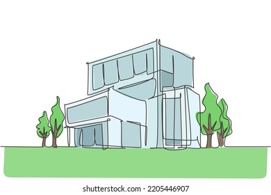 Continuous one line drawing of luxury house construction building at city. Home property architecture hand drawn minimalist concept. Modern single line draw design vector graphic illustration