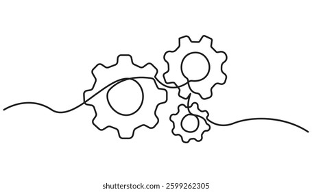 Continuous one line drawing of machine gear. One line drawing illustration of gear wheel. Gear technology concept