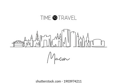 Continuous one line drawing Macon city skyline, Georgia. Beautiful landmark. World landscape tourism travel wall decor poster print art. Stylish single line draw graphic design vector illustration