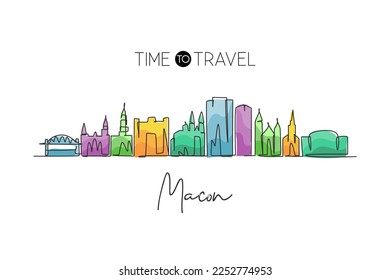 Continuous one line drawing Macon city skyline, Georgia. Beautiful landmark. World landscape tourism travel wall decor poster print art. Stylish single line draw graphic design vector illustration