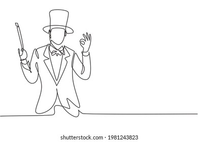 Continuous one line drawing magician with gesture okay wearing hat and holding magic stick ready to entertain audience at television show. Good job. Single line draw design vector graphic illustration