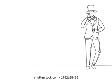 Continuous one line drawing magician stands with call me gesture wearing hat and holding magic wand performing tricks at circus show. Success show. Single line draw design vector graphic illustration