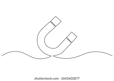 Continuous one line drawing of Magnet. Single line drawing illustration of Magnet with lightning icon. Horseshoe Magnet concept vector art. Doodle line illustration.