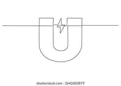 Continuous one line drawing of Magnet. Single line drawing illustration of Magnet with lightning icon. Horseshoe Magnet concept vector art. Doodle line illustration.