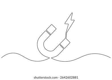 Continuous one line drawing of Magnet. Single line drawing illustration of Magnet with lightning icon. Horseshoe Magnet concept vector art. Doodle line illustration.