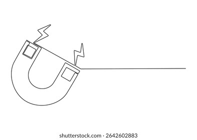 Continuous one line drawing of Magnet. Single line drawing illustration of Magnet with lightning icon. Horseshoe Magnet concept vector art. Doodle line illustration.