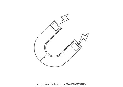Continuous one line drawing of Magnet. Single line drawing illustration of Magnet with lightning icon. Horseshoe Magnet concept vector art. Doodle line illustration.