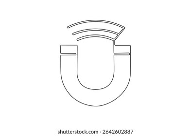 Continuous one line drawing of Magnet. Single line drawing illustration of Magnet with lightning icon. Horseshoe Magnet concept vector art. Doodle line illustration.
